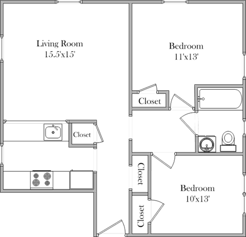 Floor plan for 2 beds, 1 bath, 887 sqft